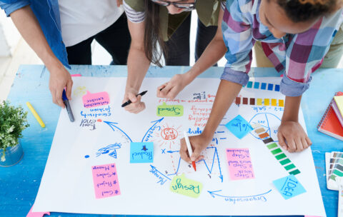 Young People Drawing Plan Above View