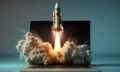 Launching space rocket from laptop screen, Generative AI