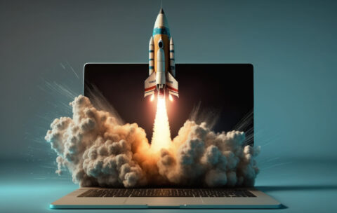 Launching space rocket from laptop screen, Generative AI