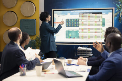 Business partners examining annual sales reports in corporate meeting